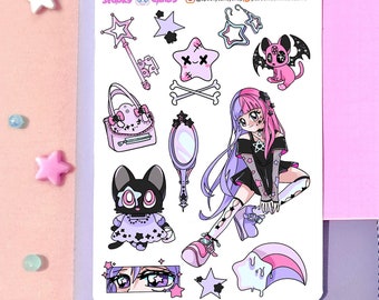 Pink Lilac Anime Pastel goth stickers sheet - kawaii bat stickers for scrapbook bujo lifeplanner stationary junk bullet journal