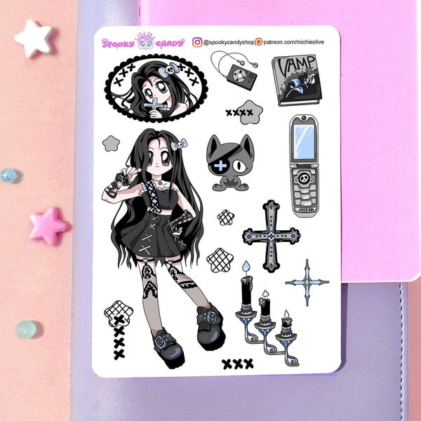 2000s Gothic Anime Pastel goth sticker sheet - kawaii stickers for scrapbook bujo lifeplanner stationary junk bullet journal