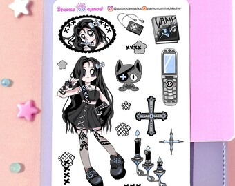 2000s Gothic Anime Pastel goth sticker sheet - kawaii stickers for scrapbook bujo lifeplanner stationary junk bullet journal