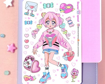 Candy heart anime girl pastel sticker sheet for Valentine - kawaii stickers for scrapbook bujo lifeplanner stationary junk bullet journal