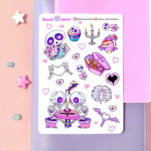 Hoja de pegatinas góticas en colores pastel con calaveras y huesos para San Valentín: pegatinas kawaii para álbumes de recortes, bujo, planificadores de vida, papelería, diario de viñetas