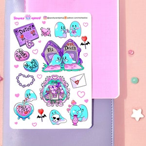 Linda hoja de pegatinas góticas pastel de fantasmas para San Valentín: pegatinas kawaii para álbumes de recortes, bujo, planificadores de vida, papelería, diario de viñetas