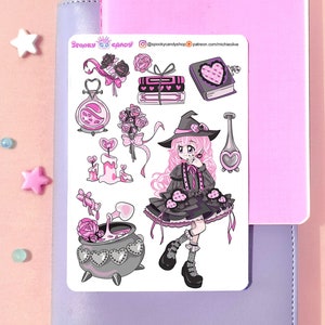Hoja de pegatinas góticas pastel Love Witch para San Valentín: pegatinas kawaii para álbumes de recortes, bujo, planificador de vida, papelería, diario de viñetas