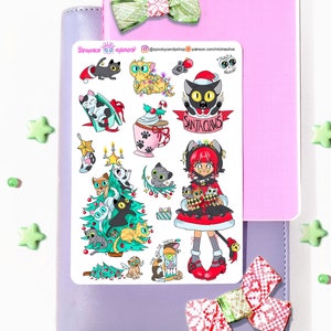 Hoja de pegatinas góticas pastel para Navidad de Kittymas para mamá gata, espeluznante, espeluznante, álbum de recortes, papelería, diario de balas, amigo por correspondencia