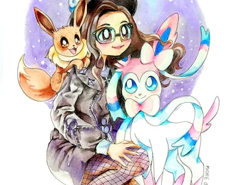 Benutzerdefinierte Pokemon Trainer Karikatur Aquarell - Weihnachtsgeschenk für ihn, Familie, Kinder Pokemon Geburtstag personalisiert für eine Person oder Paare