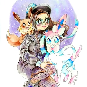 Aquarelle caricature personnalisée dresseur de Pokémon - cadeau de Noël pour lui, famille, anniversaire pokemon enfant personnalisé pour une personne ou des couples