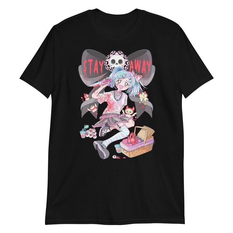 May include: Black t-shirt with a graphic of a girl holding a knife and a picnic basket. The text "STAY AWAY" is written in a pink bow above her head.