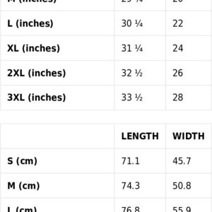 May include: Size guide chart showing length and width measurements in inches and centimeters for sizes S, M, L, XL, 2XL, and 3XL.