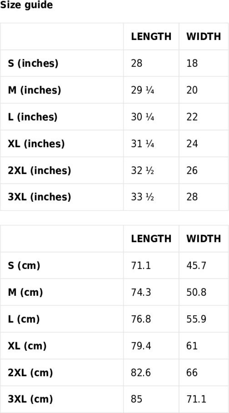 May include: Size guide chart showing length and width measurements in inches and centimeters for sizes S, M, L, XL, 2XL, and 3XL.