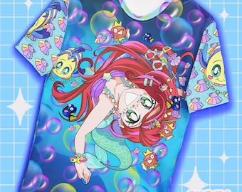 デコラ系マーメイド＆魚Tシャツ - レインボーTシャツ かわいいアート Jファッション 原宿系 服 かわいいファッション オリジナルアート