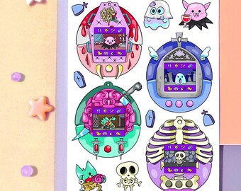 Pastel Goth Tamagochi Monsters for Halloween - creepy cute stickers witch sticker sheet scrapbook penpal witchy kawaii journaling