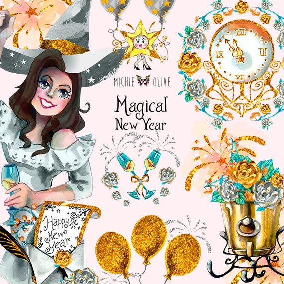 Holiday Clipart Instant Download Happy New Year Clip Scrapbooking Witch Reveillion Silvester Magic Glitter Planner Fabric 2021 Stationary