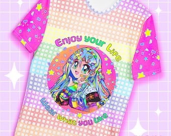 Decora kei anime girl - regenboog t-shirt kawaii art jfashion harajuku kleding schattige mode originele kunst