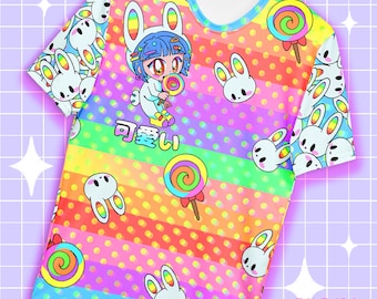 Decora kei chibi bunny - rainbow t-shirt kawaii art jfashion harajuku clothing cute fashion original art