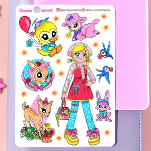 Hoja de pegatinas de animales y chicas anime kitsch en tonos pastel: pegatinas kawaii para álbumes de recortes, bujo, planificador de vida, papelería, diario de viñetas