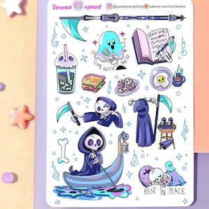 Pastel Gothic Sticker Sensenmann Tod für Halloween - gruselig süße Sticker Hexe Sticker Blatt Scrapbook Penpal witchy kawaii journaling