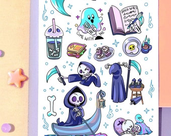 Pastel Goth Stickers Grim Reaper Death for Halloween - creepy cute stickers witch sticker sheet scrapbook penpal witchy kawaii journaling