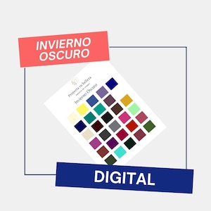 Op de afbeelding: Een digitale kleurenpaletgids voor het "Winter Dark"-kleurseizoen. De gids bevat een raster met 36 kleurensamples, waaronder tinten blauw, groen, paars, rood, zwart, wit en geel. De tekst "Proyecta tu belleza" en "Invierno Oscuro" is zichtbaar op de gids.