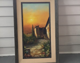 Stunning Oil on Canvas by Rossini.  Golden Stone Courtyard with Golden Sky at Sunset