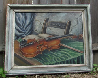 Framed Oil Painting of Violin and Bow. Vintage Art