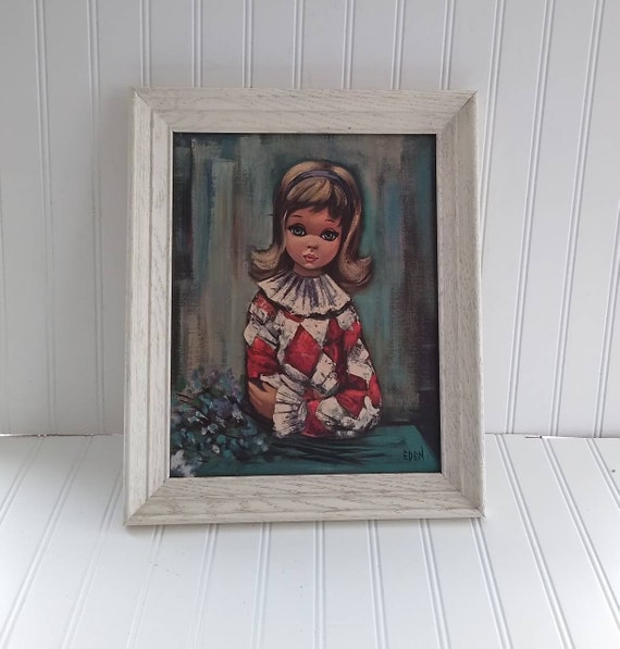 VINTAGE Big Eyed Harlequin Girl Framed Print by Eden. 1960s - Etsy Australia