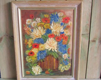 Framed Vintage Oil Painting Colorful Flowers in Basket. Original Art