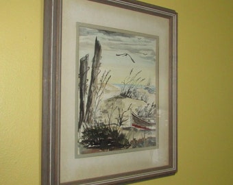 Wood Framed Watercolor by Doretta Frenna Smith. Ocean Themed Vintage Art