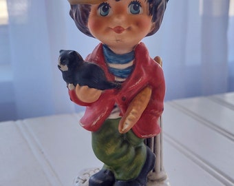 1977 Goebel Figurine. Children of Paris #11-030-14. Made in West Germany. Boy with Cat & Loaf of Bread.