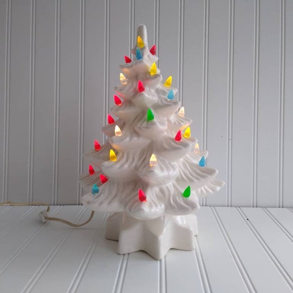 VINTAGE 13" White Ceramic Christmas Tree with Colorful Twist Lights. Lighted Ceramic Tree.