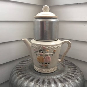 1930s Vintage Porcelier Vitreous China Percolator Coffee Pot with Lid and Aluminum Basket