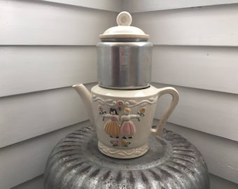 1930s Vintage Porcelier Vitreous China Percolator Coffee Pot with Lid and Aluminum Basket