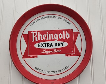 VINTAGE Rheingold Extra Dry Beer Tray. 12" Round Red and White Metal Tray. Liebmann Breweries, Inc., New York, N.Y.  Good Condition.