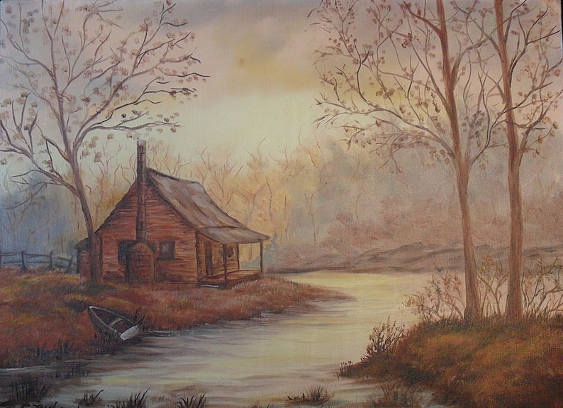 Cabin In The Woods Oil Painting On Canvas Signed By Artist Etsy