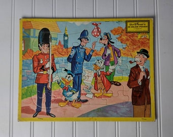 Walt Disney's Jaymar Inlaid Puzzle. Jaymar Specialty Co., New York.  Tray Puzzle.  Goofy, Donald and Professor Ludwig Von Drake in London