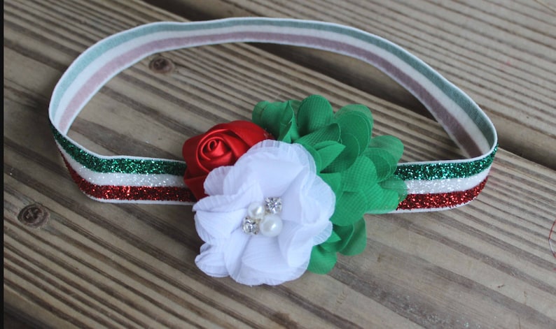 Christmas Baby Headband Glitter Elastic Headband Shabby Chic Holiday Headband Green White Christmas Headband Red