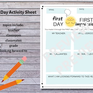 May include: A printable first day of school activity sheet with a light blue background and a yellow sun with a smiling face. The sheet includes sections for students to write about their teacher, classroom, classmates, and grade level. The sheet also includes a section for students to write about what they are looking forward to this year.