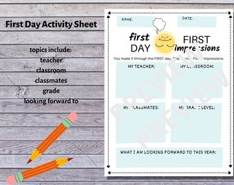 First Day of School Worksheet, First Impressions Worksheet, Back to School