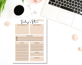 Today's Plan Sheet, Worksheet for Daily Affirmations and Gratitude, To-do list, Daily Hydration and Movement, Daily Planner