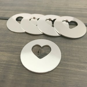 FIVE - 1 1/4&quot; Round Disc With Offset 5/8&quot; Inch Heart Cutout - 16 Gauge Aluminum - Jewelry Hand Stamping Blanks - Hand Stamping Supplies