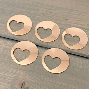 FIVE - 1&quot; Round Copper Stamping Blanks with Left Heart Cutout - 20 Gauge Copper - Jewelry Hand Stamping Blanks