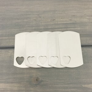 FIVE - Dog Tag with One Offset Tiny 3/8&quot; Heart Cutout Lower Left Side - 16G Aluminum - Jewelry Hand Stamping Blanks - Hand Stamping Supplies