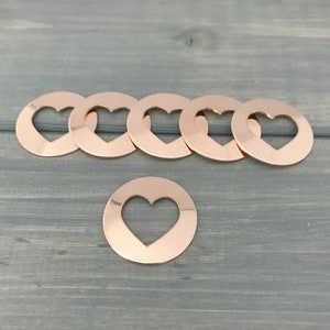 FIVE - 1&quot; Round Copper Stamping Blanks with Center Heart Cutout - 20 Gauge Copper - Jewelry Hand Stamping Blanks