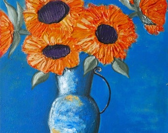 Original Sunflower Painting, Orange Flowers Artwork, Contemporary Art, Housewarming, Wedding Gift, Home Decor, Collectible, Gallery Wall