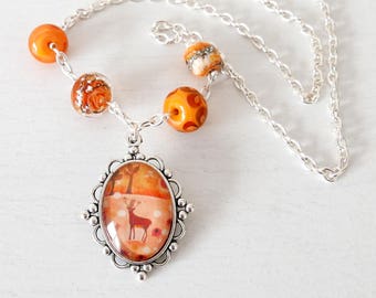 Orange Pendant Necklace, Autumn Pendant, Orange Necklace, Orange Lampwork Beads Jewellery, Animal Art Pendant, Deer Pendant, Autumn Jewelry