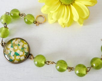 Green Bracelet, Glass Bracelet, Bronze Bracelet, Art Bracelet, Green Flowers Bracelet, Floral Jewelry, Flowers Jewellery, Lily Bracelet