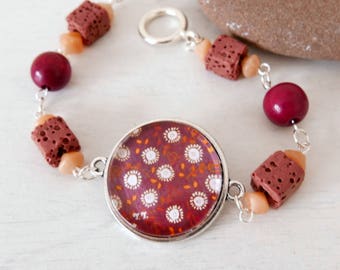 Burgundy Bracelet, Floral Bracelet, Autumnal Bracelet, Lava Beads Bracelet, Art Bracelet, Dark Pink Bracelet, Floral Jewellery