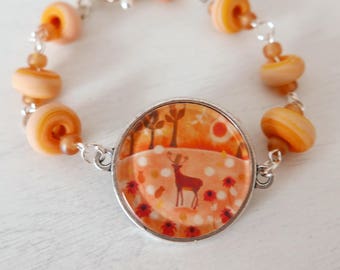 Autumn Bracelet, Orange Bracelet, Lampwork Glass Beads, Autumnal Bracelet, Animal Art Bracelet, Deer Bracelet, Music Bracelet, Lyre Bracelet