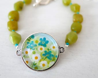 Lime Green Bracelet, Turquoise Flowers Bracelet, Bracelet with Floral Art Print, Jade Bracelet, Daisy Bracelet, Green Floral Jewelry