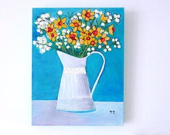 Daffodils Artwork, Still Life Turquoise Painting, Floral Naive Art