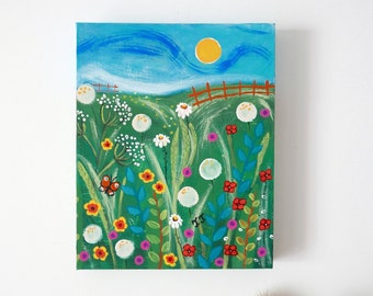 Wildflowers Meadow Painting, Floral Artwork, Countryside, Art, Naive, Flowers